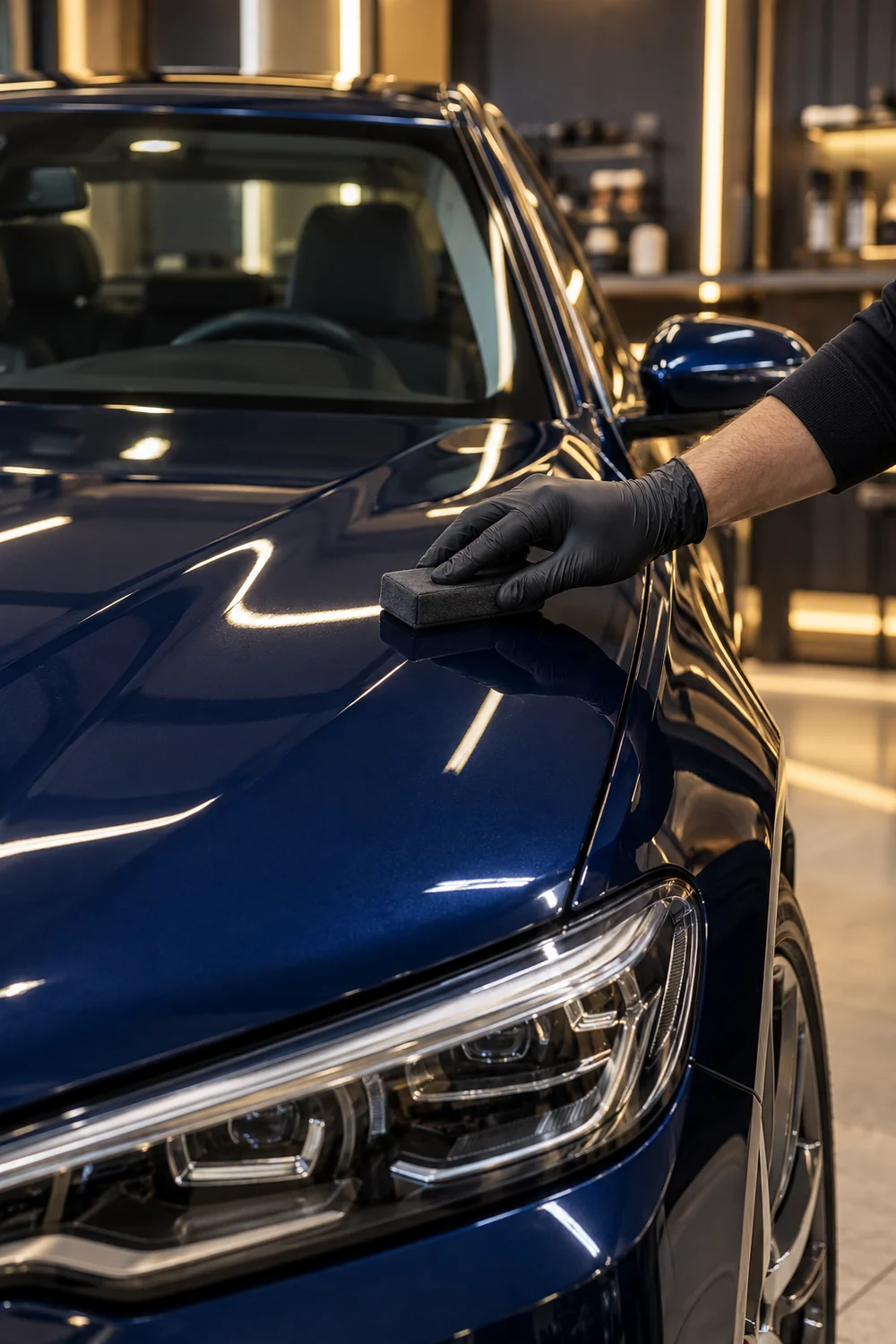 A detailer applying ceramic coating to the glossy hood of a dark blue sedan